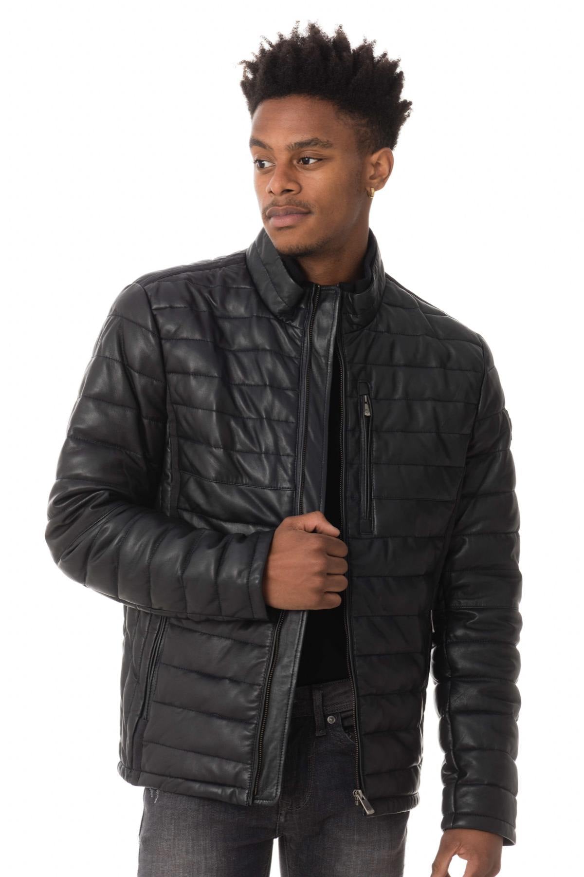 Men's navy blue sheepskin leather down jacket - Image n°3