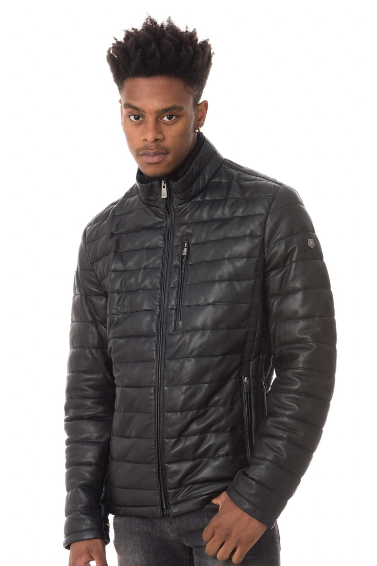 Men's navy blue sheepskin leather down jacket - Image n°1