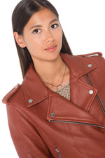 Women's rust-colored sheepskin leather Biker Jacket Oakwood - Image n°6