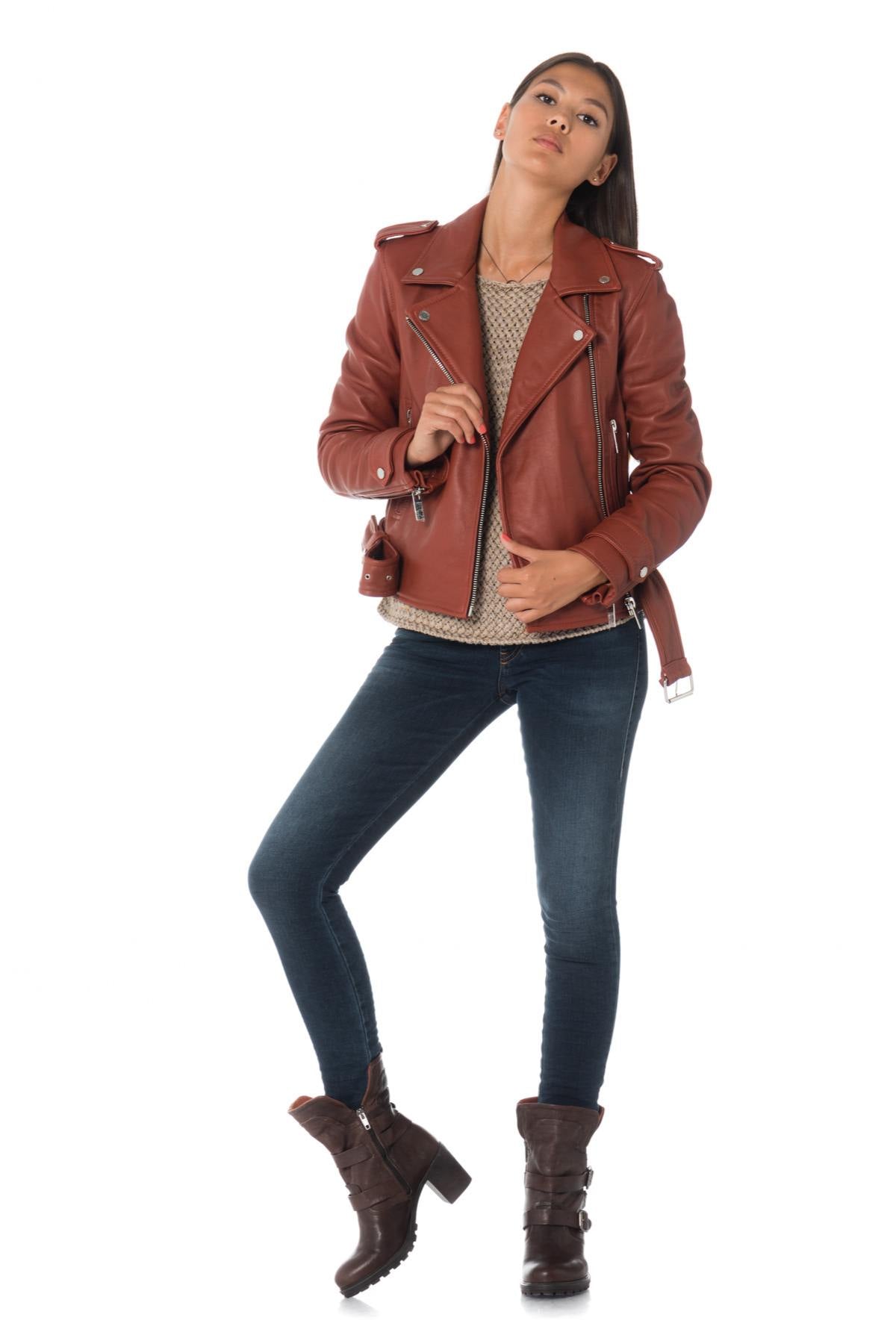 Women's rust-colored sheepskin leather Biker Jacket Oakwood - Image n°2