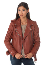 Women's rust-colored sheepskin leather Biker Jacket Oakwood - Image n°3
