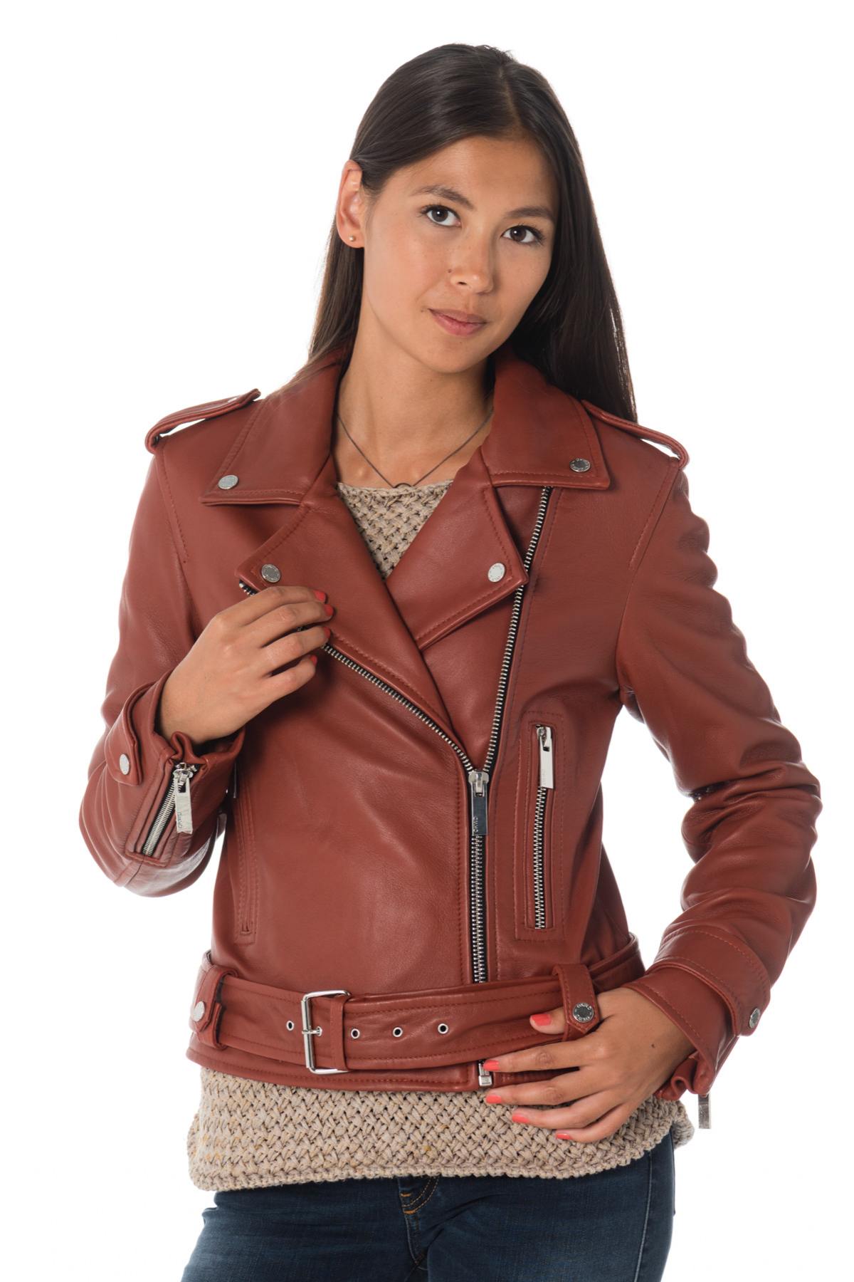 Women's rust-colored sheepskin leather Biker Jacket Oakwood - Image n°1