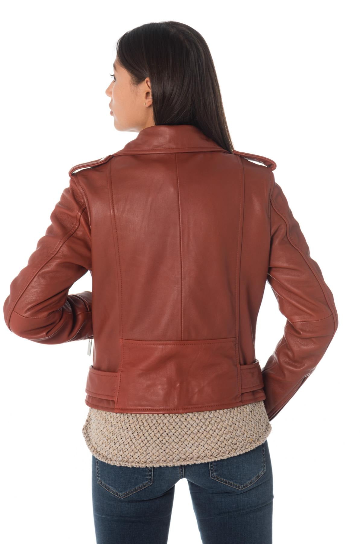 Women's rust-colored sheepskin leather Biker Jacket Oakwood - Image n°5