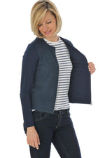Navy goatskin jacket with perforated velvet-like front and sleeves. - Image n°3