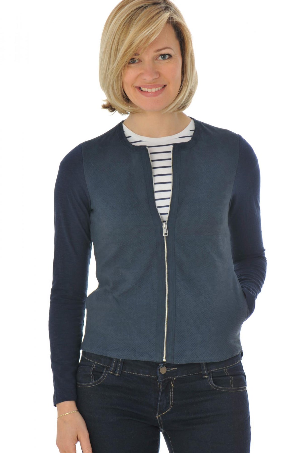 Navy goatskin jacket with perforated velvet-like front and sleeves. - Image n°4