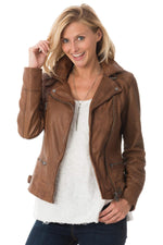Slim tan lambskin biker jacket with a vintage, feminine fit. - Image n°1
