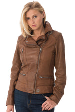 Slim tan lambskin biker jacket with a vintage, feminine fit. - Image n°10