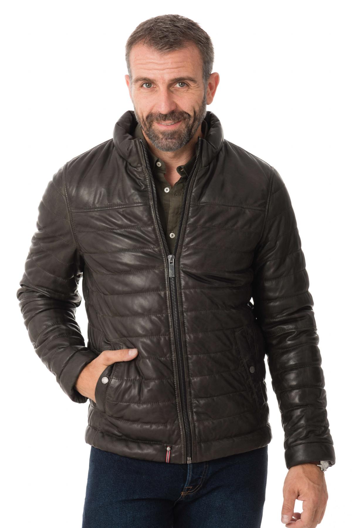 Distressed khaki sheepskin leather down jacket - Image n°4
