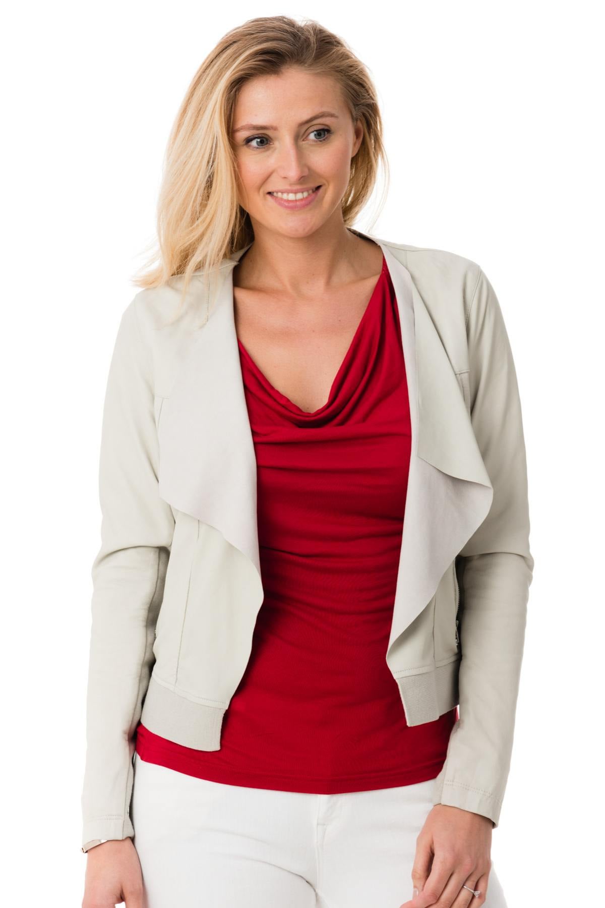 White lambskin jacket: ribbed hem, stretch underarms, shawl collar. - Image n°1