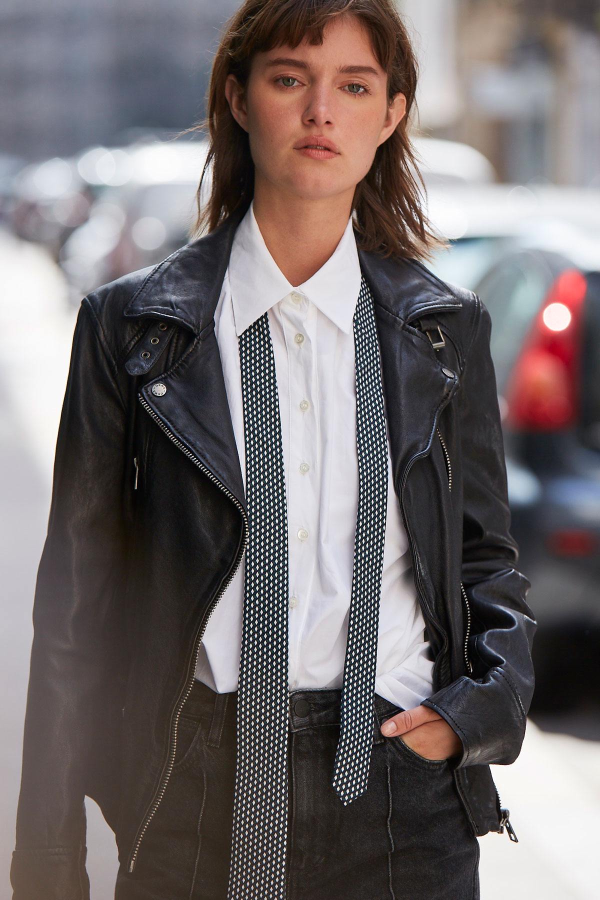 Black lambskin biker jacket with washed finish and asymmetrical zip. - Image n°2