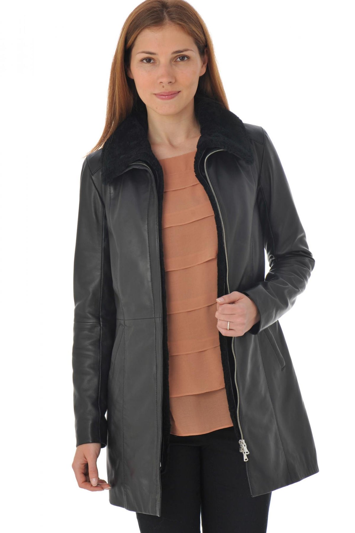 Leather jacket with fur collar - Image n°3