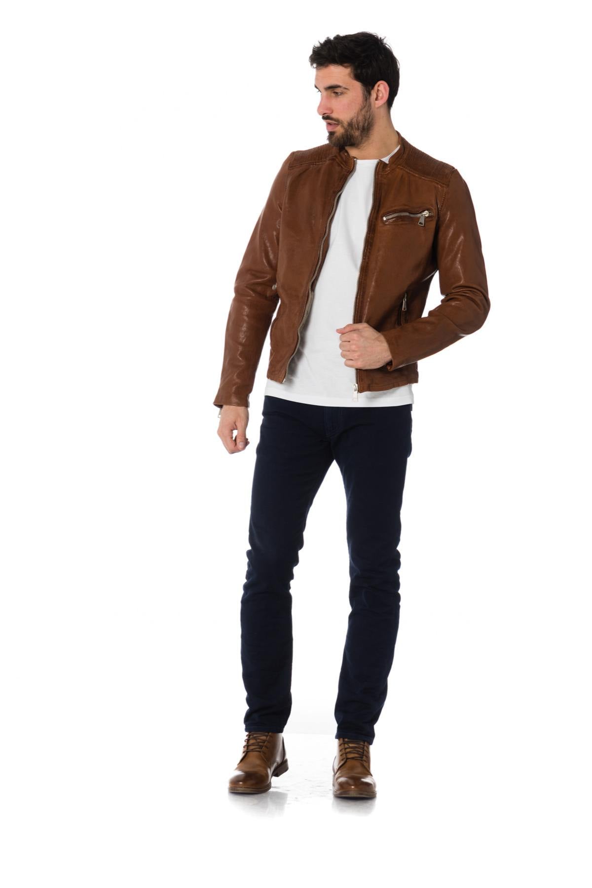 Cognac sheep leather jacket, slim fit with biker shoulder gussets. - Image n°2
