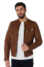 Cognac sheep leather jacket, slim fit with biker shoulder gussets. - Image n°3