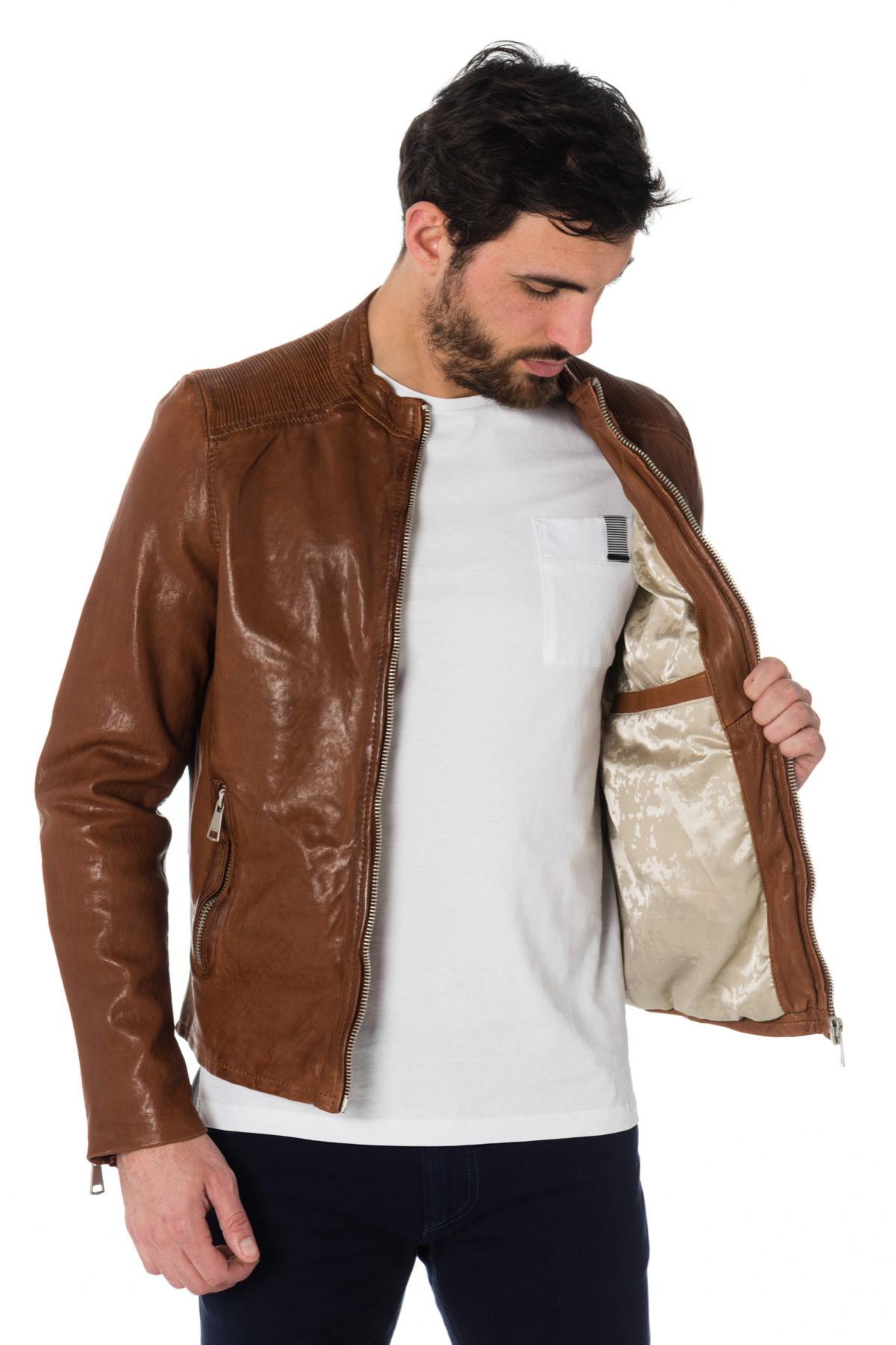 Cognac sheep leather jacket, slim fit with biker shoulder gussets. - Image n°4