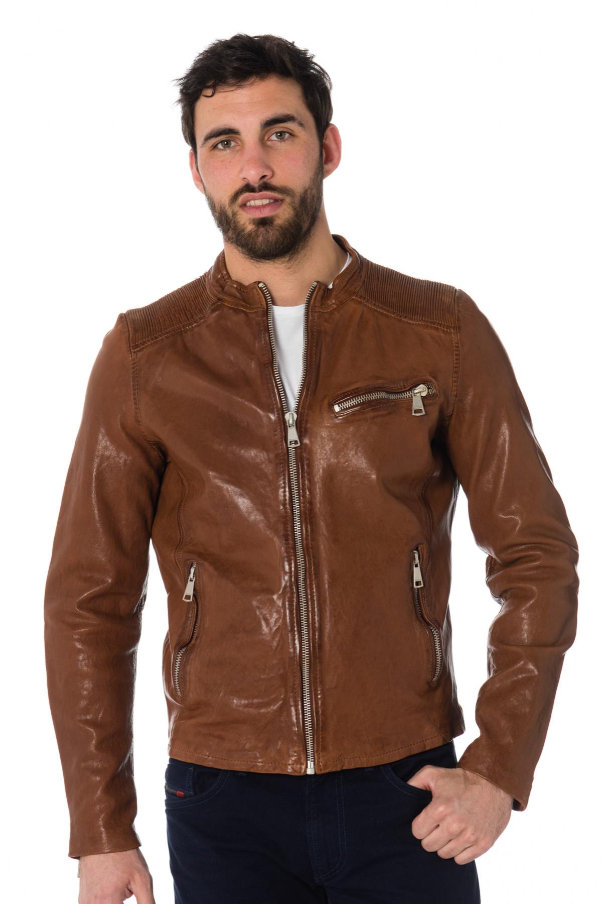 Cognac sheep leather jacket, slim fit with biker shoulder gussets. - Image n°1