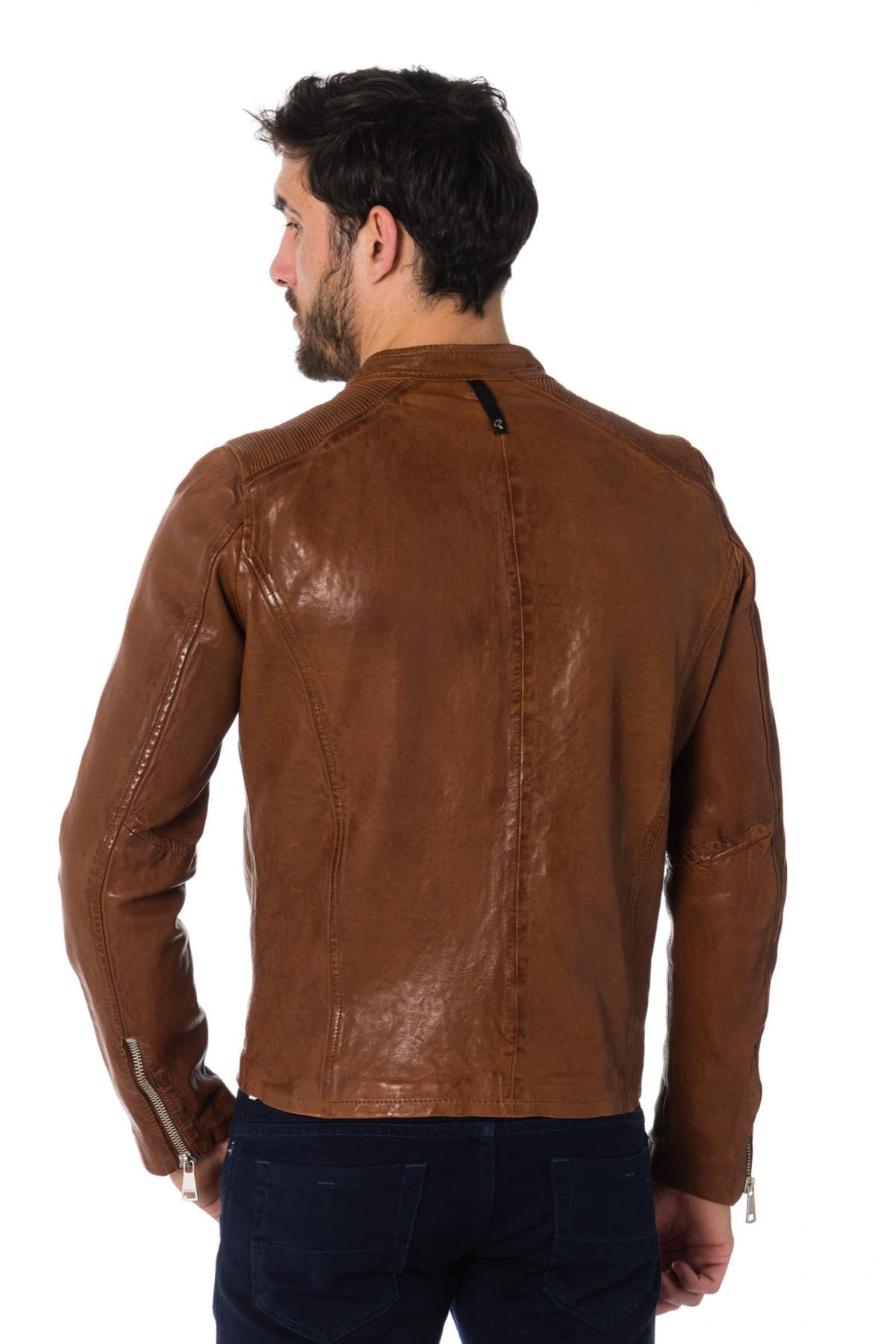 Cognac sheep leather jacket, slim fit with biker shoulder gussets. - Image n°5