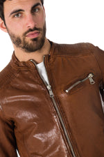 Cognac sheep leather jacket, slim fit with biker shoulder gussets. - Image n°6