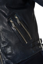 Distressed navy blue sheepskin leather jacket - Image n°6