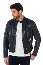 Distressed navy blue sheepskin leather jacket - Image n°3