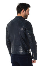 Distressed navy blue sheepskin leather jacket - Image n°5
