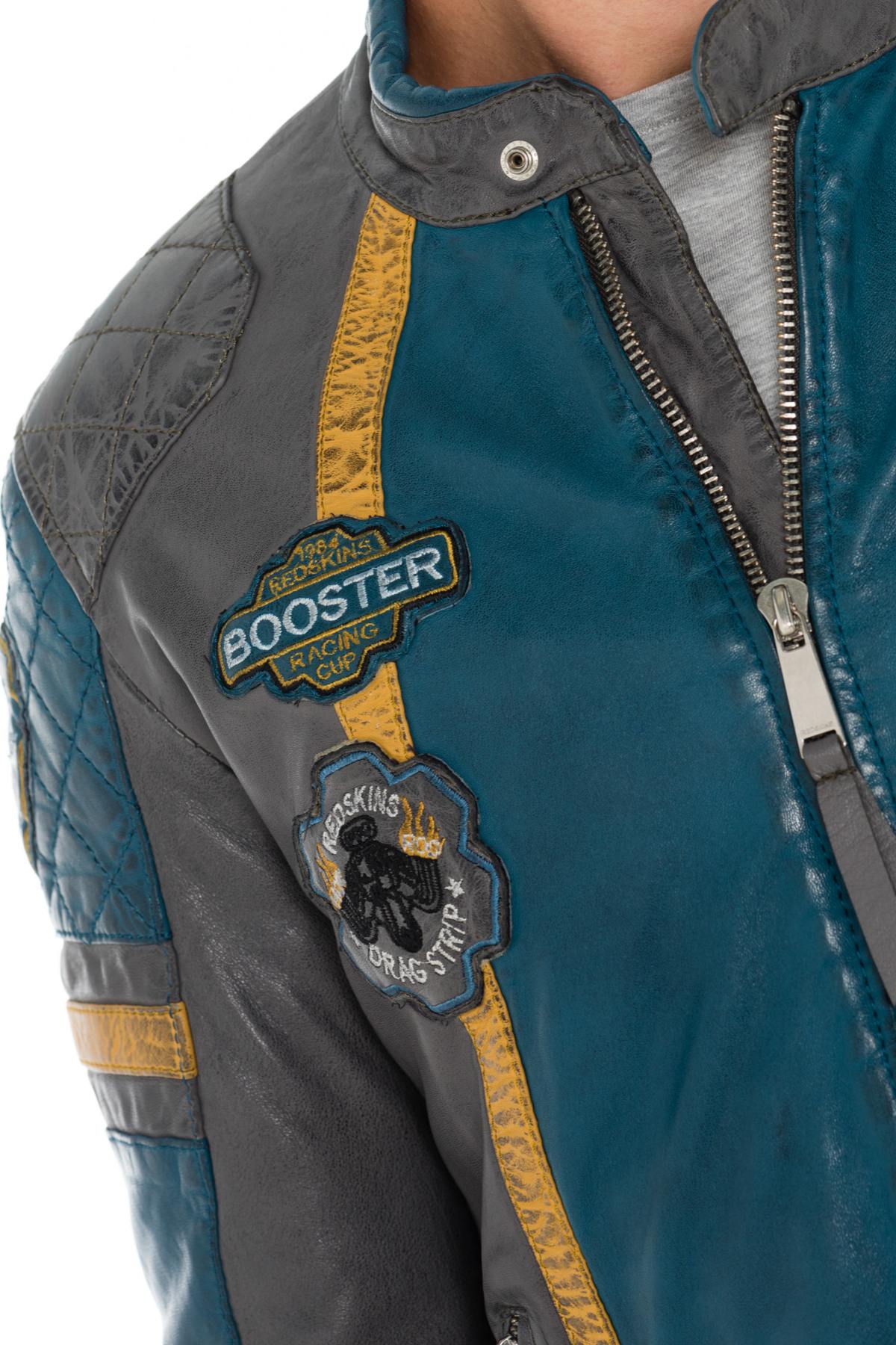 Gray/blue sheepskin leather biker jacket - Image n°4