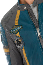 Gray/blue sheepskin leather biker jacket - Image n°4