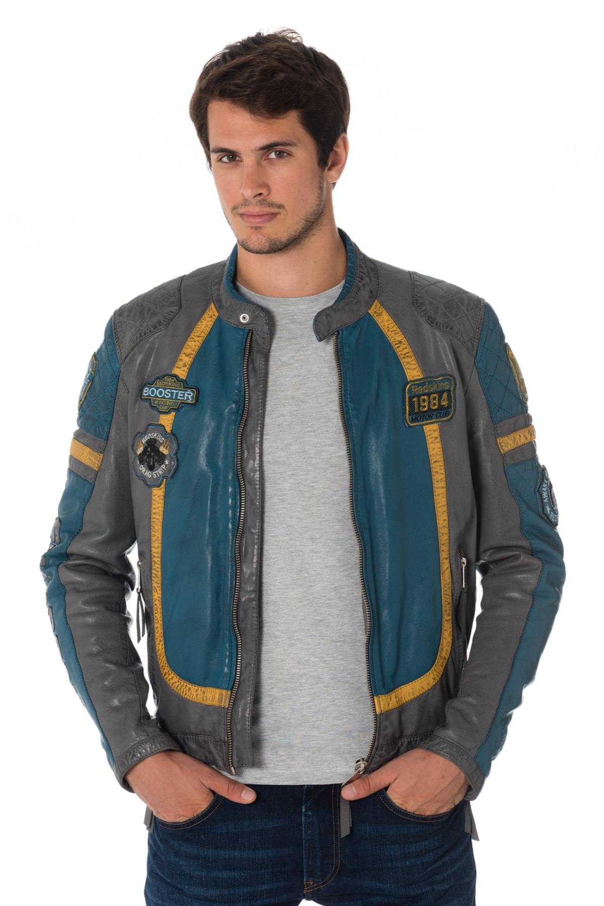 Gray/blue sheepskin leather biker jacket - Image n°3
