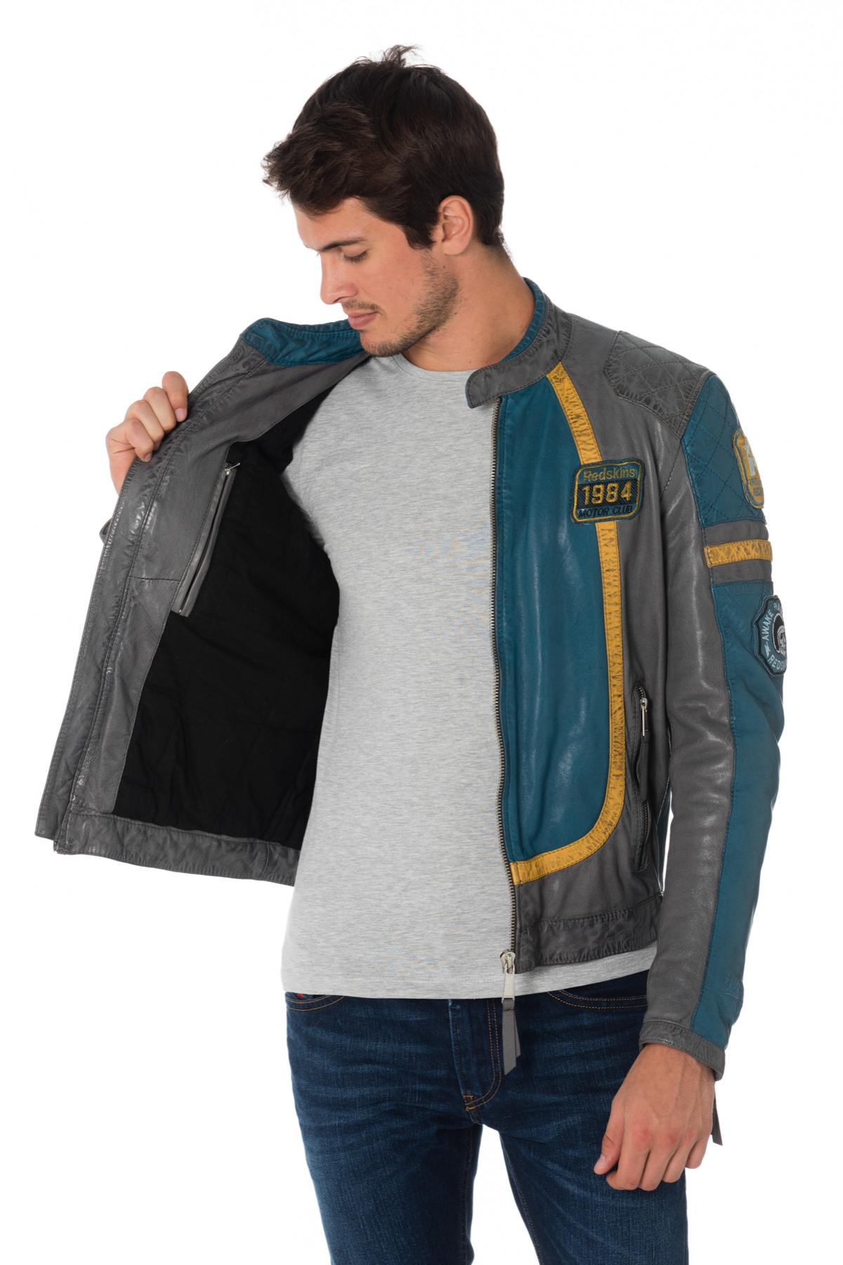 Gray/blue sheepskin leather biker jacket - Image n°5