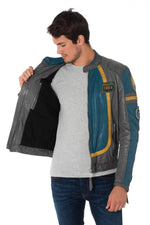 Gray/blue sheepskin leather biker jacket - Image n°5
