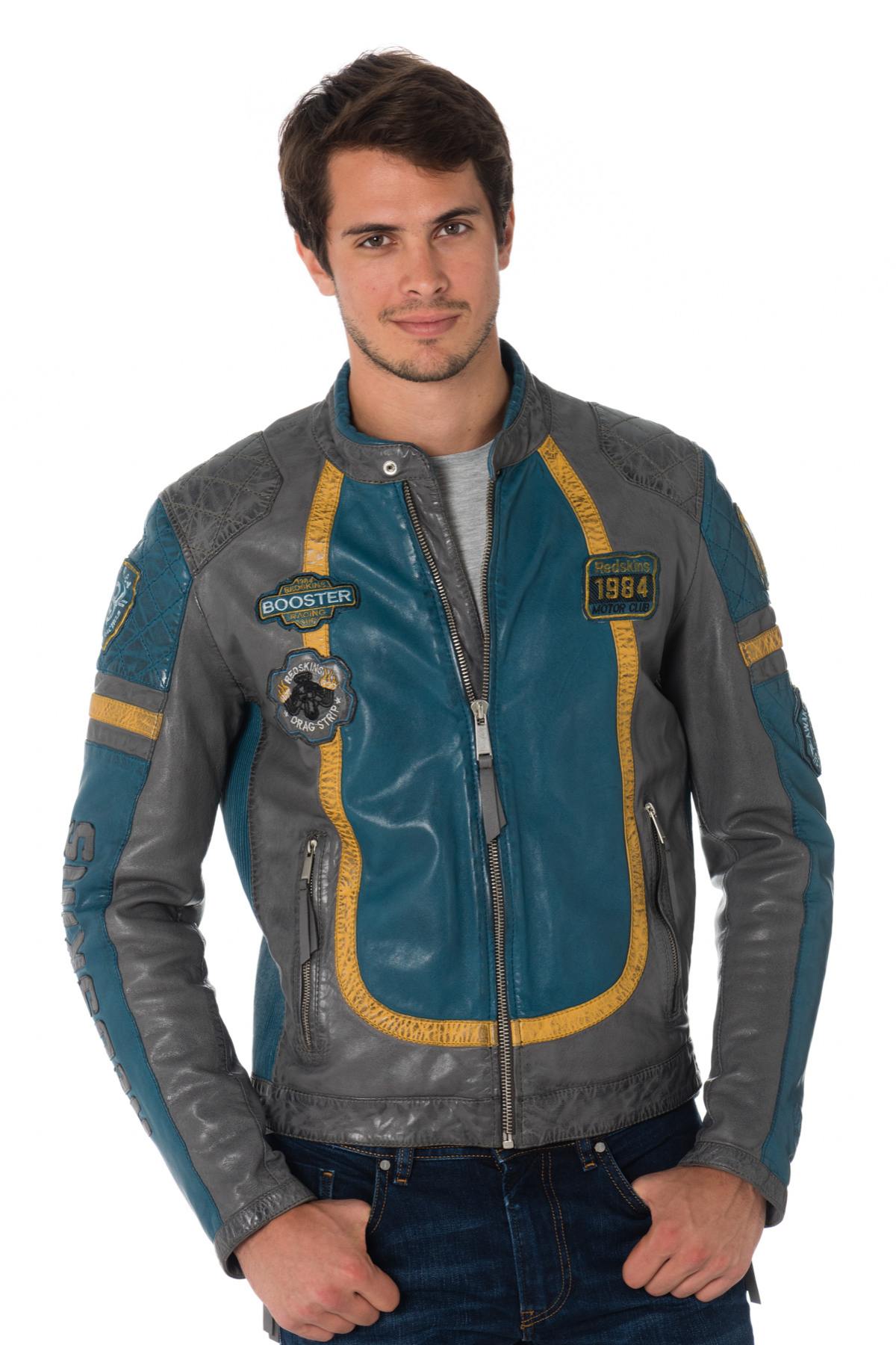 Gray/blue sheepskin leather biker jacket - Image n°1