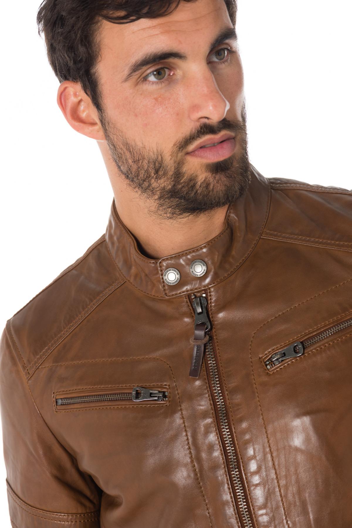 Redskins' cognac sheep leather biker jacket. Slim fit, zip details. - Image n°3