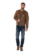 Redskins' cognac sheep leather biker jacket. Slim fit, zip details. - Image n°2