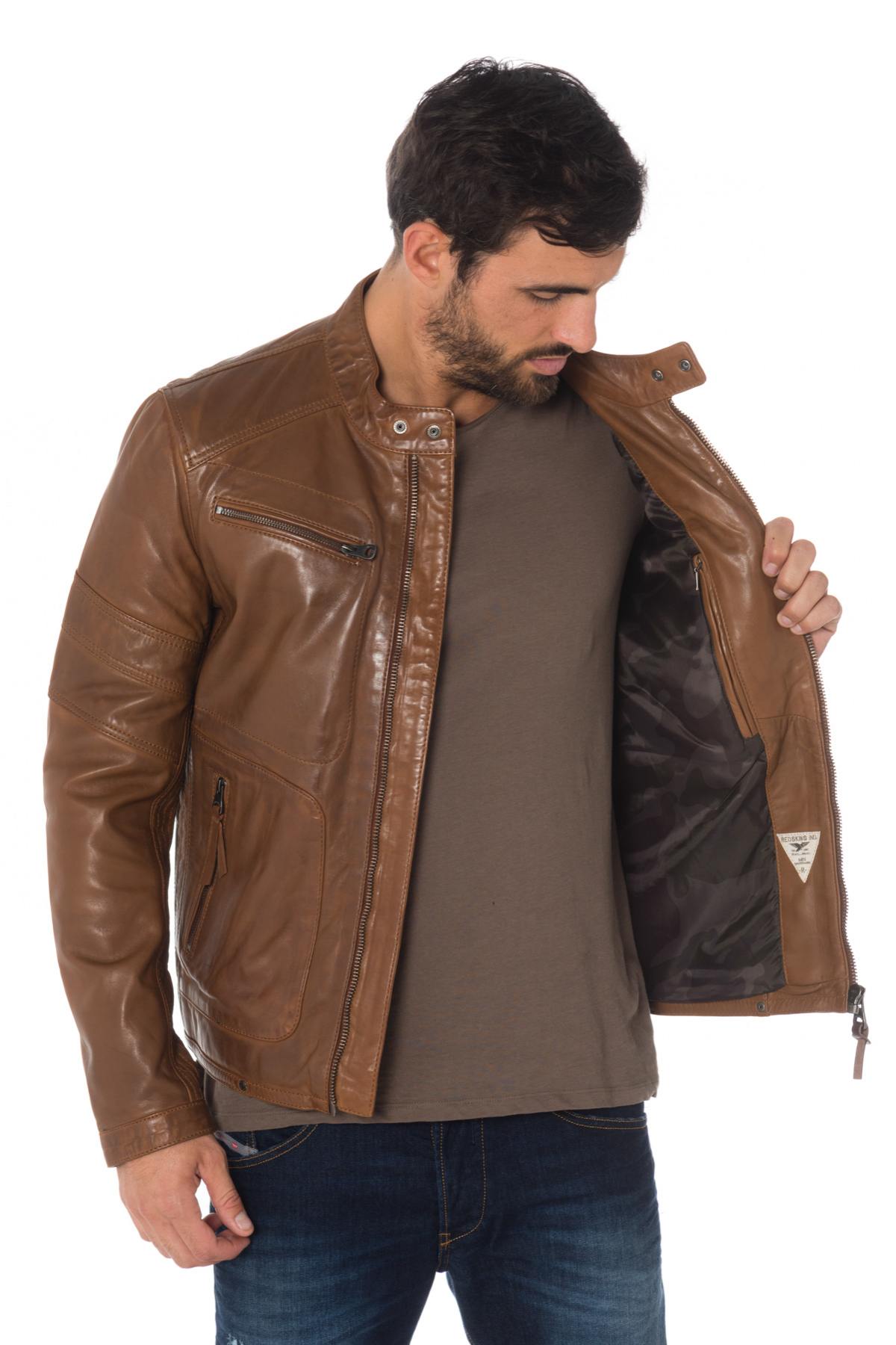 Redskins' cognac sheep leather biker jacket. Slim fit, zip details. - Image n°4