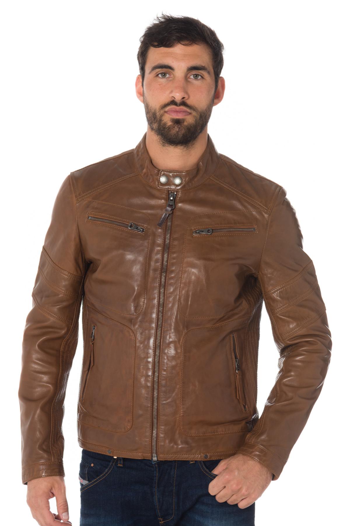 Redskins' cognac sheep leather biker jacket. Slim fit, zip details. - Image n°6