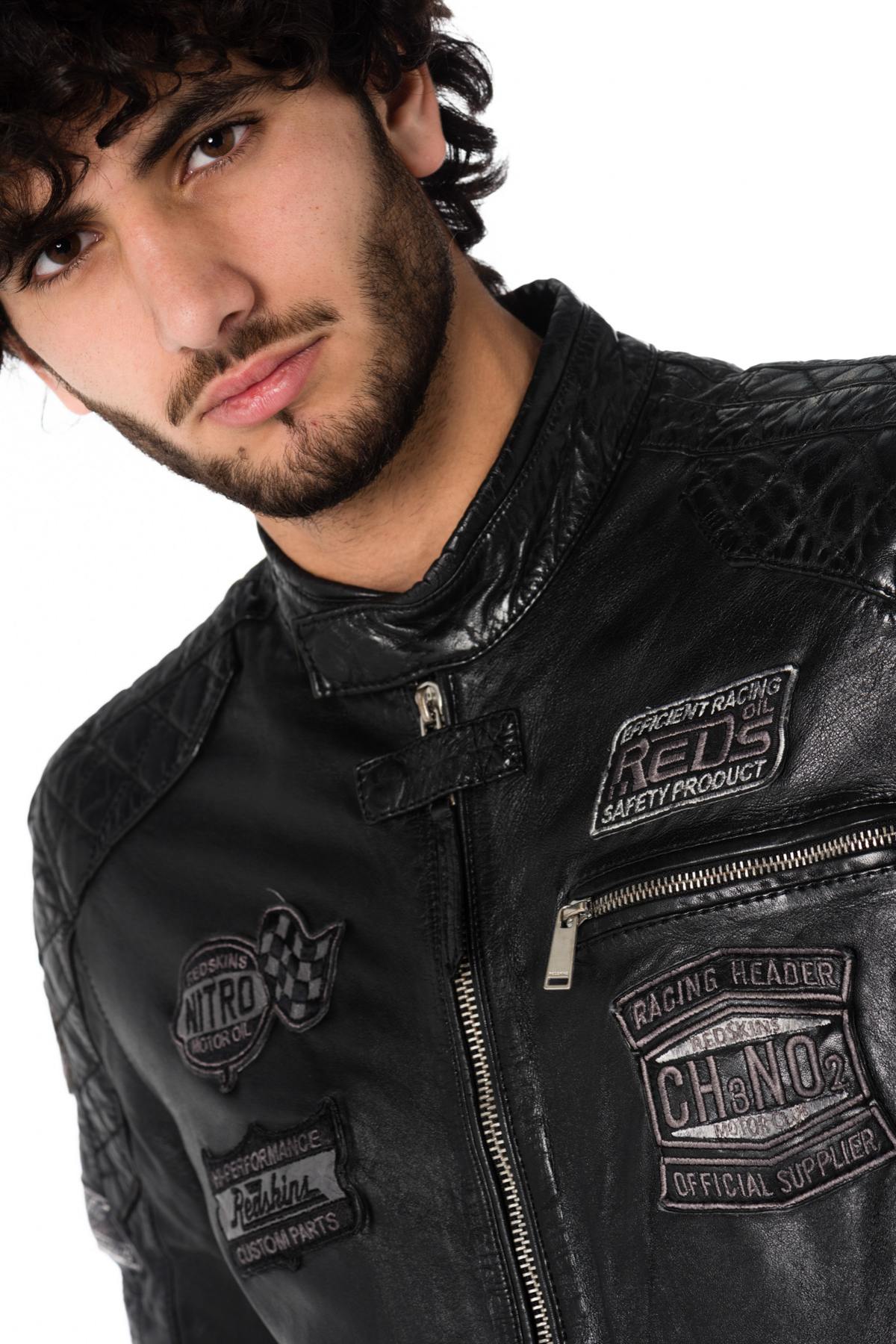 Black sheep leather jacket with aged patches-slim, moto-inspired fit. - Image n°4