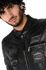 Black sheep leather jacket with aged patches-slim, moto-inspired fit. - Image n°4