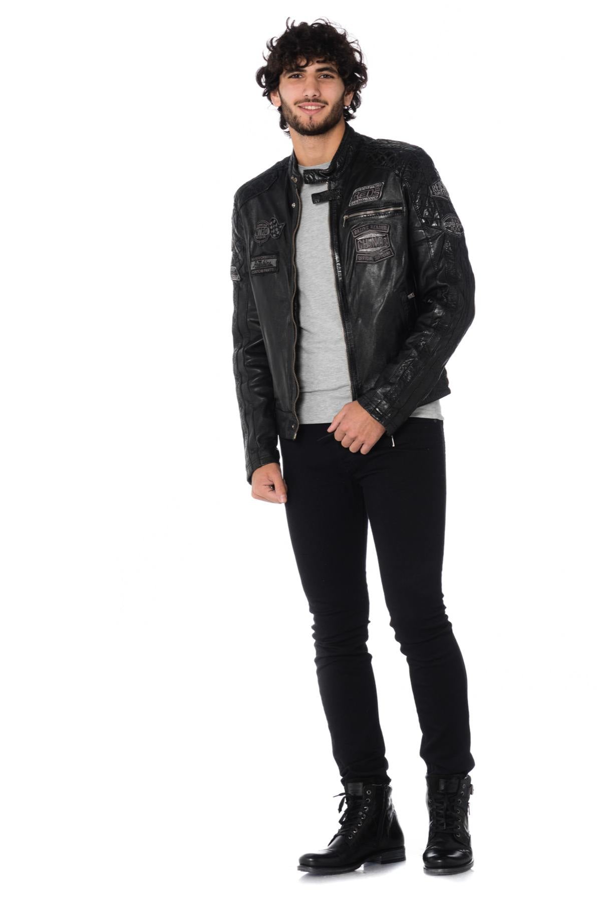 Black sheep leather jacket with aged patches-slim, moto-inspired fit. - Image n°2