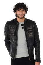 Black sheep leather jacket with aged patches-slim, moto-inspired fit. - Image n°3