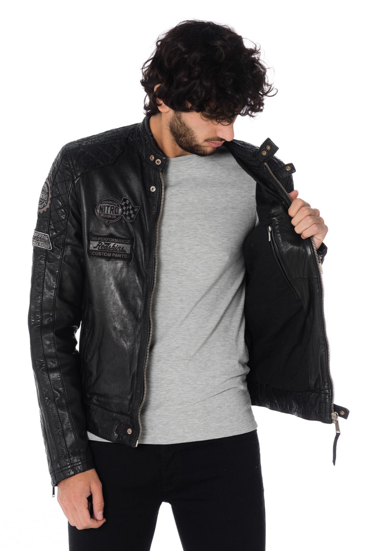 Black sheep leather jacket with aged patches-slim, moto-inspired fit. - Image n°6