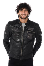 Black sheep leather jacket with aged patches-slim, moto-inspired fit. - Image n°1