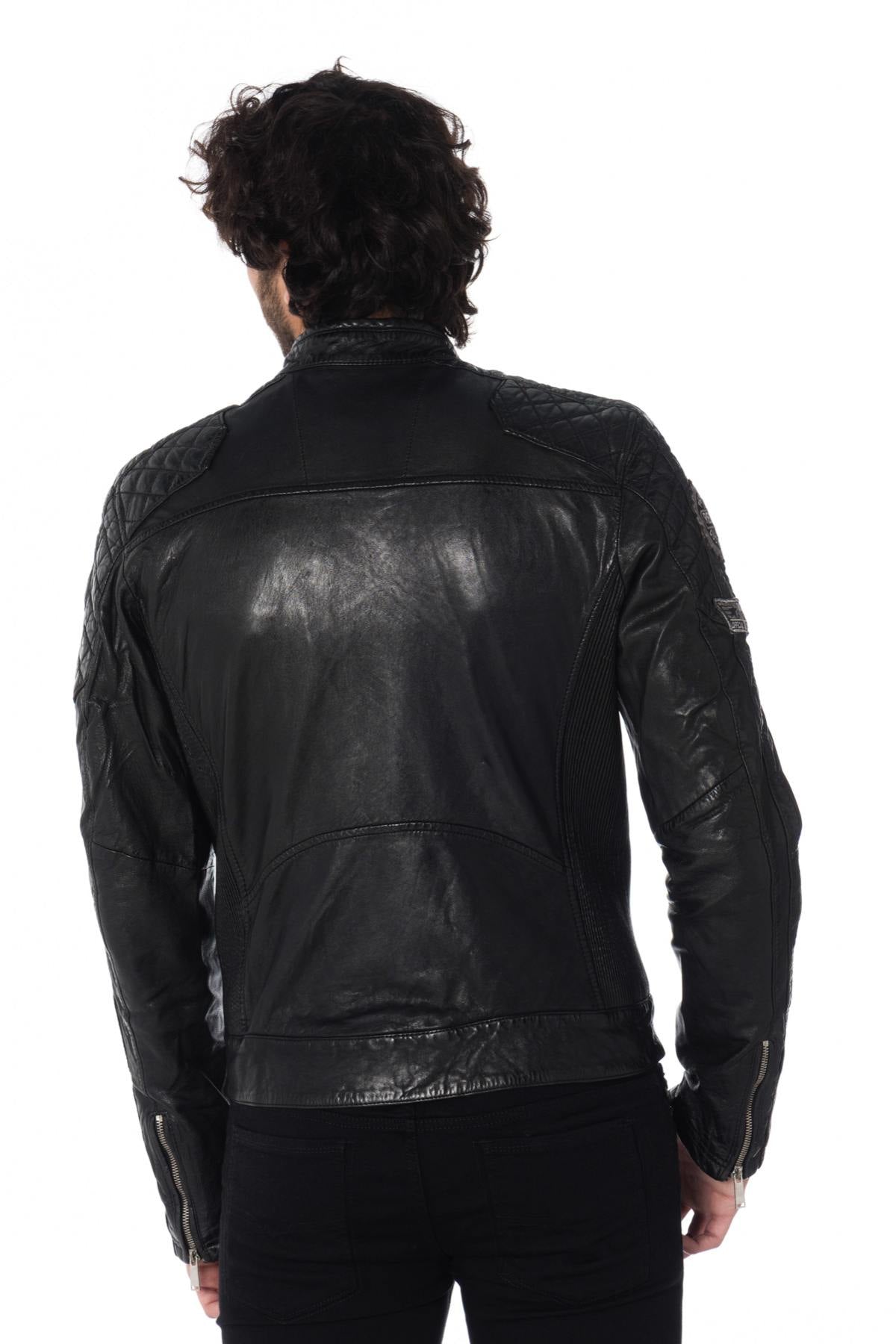 Black sheep leather jacket with aged patches-slim, moto-inspired fit. - Image n°7