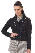 Soft navy suede goatskin biker jacket, lightweight and fluid. - Image n°4