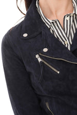 Soft navy suede goatskin biker jacket, lightweight and fluid. - Image n°8