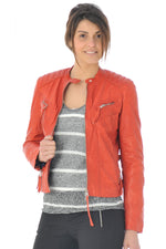 Redskins' red lambskin biker jacket: matelassé shoulders, zip details. - Image n°1