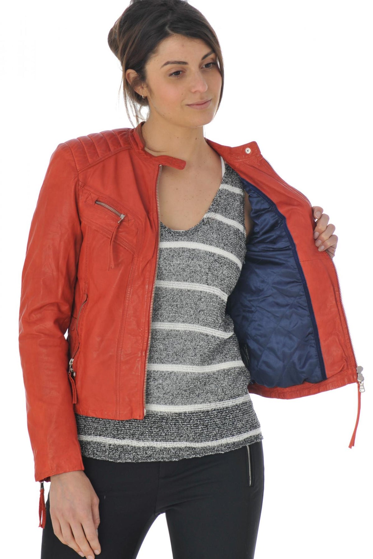 Redskins' red lambskin biker jacket: matelassé shoulders, zip details. - Image n°4