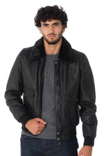 Black lambskin aviator jacket by Schott. Detachable vegan fur collar. - Image n°4