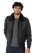 Black lambskin aviator jacket by Schott. Detachable vegan fur collar. - Image n°9
