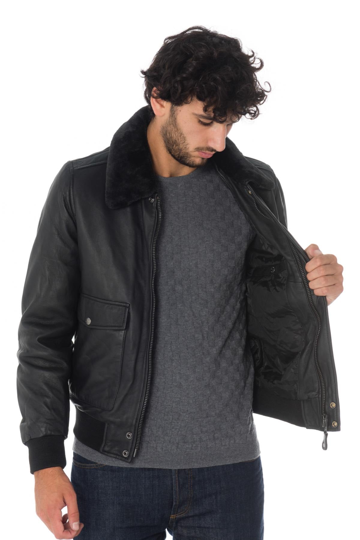 Black lambskin aviator jacket by Schott. Detachable vegan fur collar. - Image n°11
