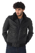 Black lambskin aviator jacket by Schott. Detachable vegan fur collar. - Image n°3