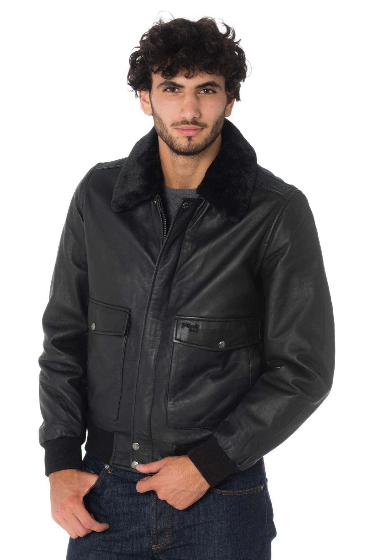 Black lambskin aviator jacket by Schott. Detachable vegan fur collar. - Image n°8